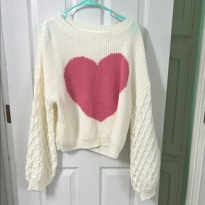 Cozy Heart Cropped Sweater in Cream and Pink